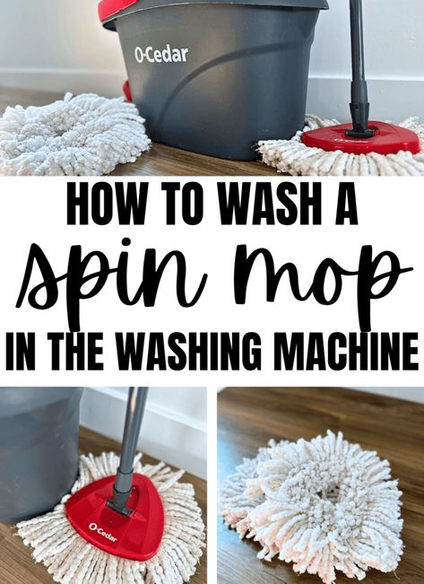 text says how to wash a spin mop in the washing machine. Three photos of the o-cedar spin mop with the mop bucket and mop head. Cleaning Spin Mop Head, Cleaning Mop Head, Washing Walls With Spin Mop, How To Clean O Cedar Mop Head, How To Clean Mop Head, Ocedar Mop Hack, O Cedar Spin Mop Cleaning Solution, Cleaning Walls With Spin Mop, O Cedar Spin Mop Hacks