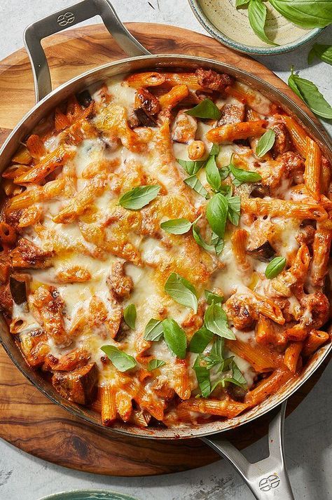 Eggplant Bolognese, Penne With Sausage, Baked Pasta, Eggplant, Salad, Pasta, Glass