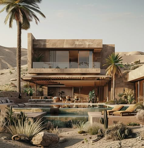 Found peace in this desert villa. The stark beauty of the landscape and the simplicity of the design speak to me. Here, life feels quiet and honest. #DesertVilla #SimpleLiving #PeacefulRetreat #HemingwayVibes #DesertLife #modernarchitecture #interiordesign #slowliving Modern Desert House Exterior, Desert House Exterior, Arizona Vibes, House Desert, Desert Villa, Desert House, Aesthetic Architecture, Arizona House, Sims Builds