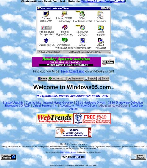 This is a screenshot of the former website for Microsoft's Windows 95.  The layout is practically chaotic, with random colours and images contrasting against a cloudy background. Although strange by modern standards, this was typical of websites of its time. 90s Web Aesthetic, 90s Aesthetic Design, 90s Website Aesthetic, 2000s Website, 90s Websites, Cloudy Background, Windows Background, Website Background, Web 2.0