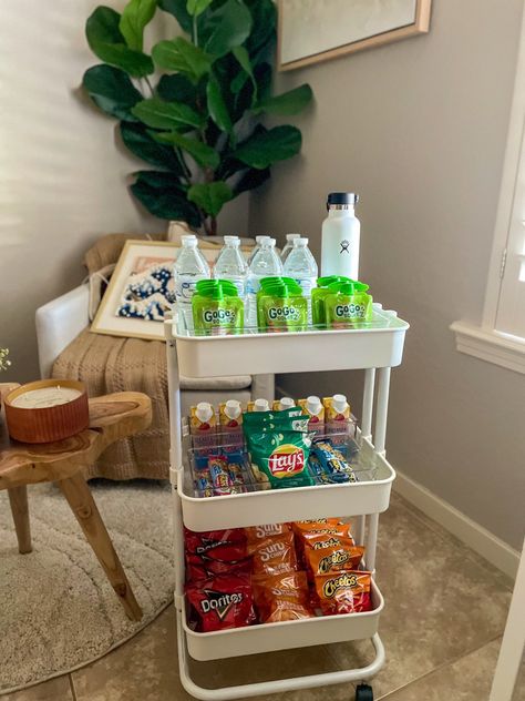 3 Tier Snack Cart, Snack Cart Organization, Snack Trolley Ideas, College Dorm Snack Storage, Dorm Snack Cart, Bedroom Snack Station Aesthetic, College Snacks Dorm, Porch Snacks, Umd Dorm