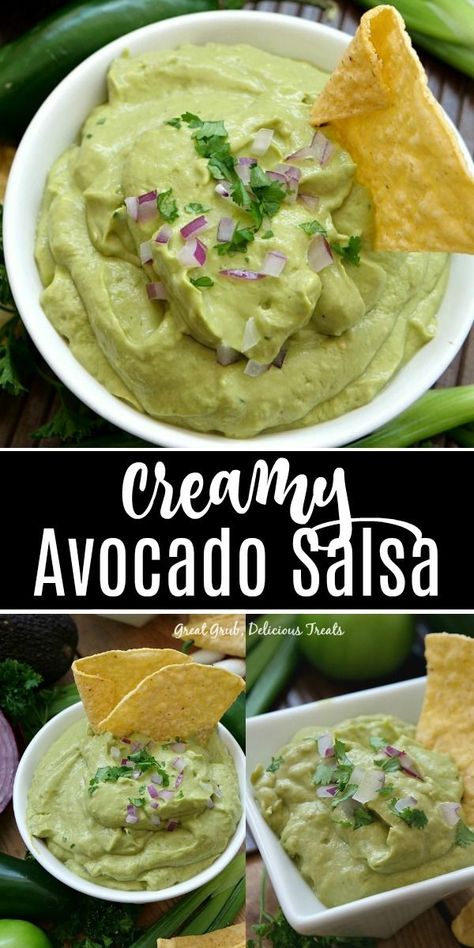 Creamy Avocado Salsa is a creamy salsa made with avocados, jalapenos, onion, garlic, cilantro, and a special ingredient which makes it so creamy. #avocado #diprecipes #avocoadosalsa #appetizer #greatgrubdelicioustreats Cilantro Lime Avocado Salsa, Green Avocado Salsa, Cucumber Avocado Salsa, Creamy Avocado Salsa, Avocado Salsa Verde, Keto Dips, Cilantro Salsa, Avocado Salsa Recipe, Creamy Salsa