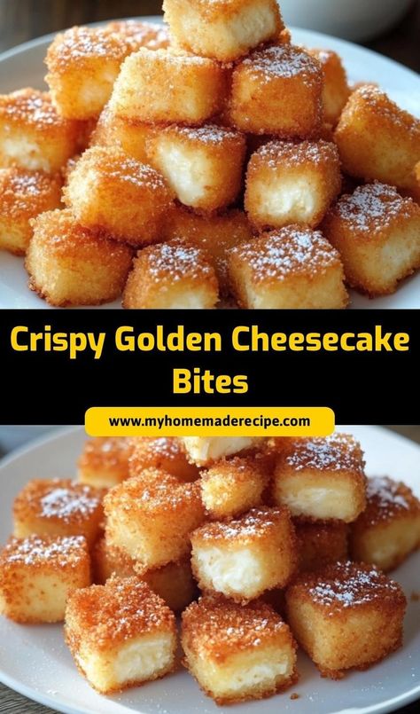 Looking for a fun dessert to impress your guests? These Crispy Golden Cheesecake Bites are just the thing. Bite-sized and perfectly fried, they’re crunchy on the outside and creamy on the inside. Perfect for dipping in your favorite sauces, like strawberry or chocolate. They’re sure to be a crowd-pleaser at any gathering. Bite Size Desserts For A Crowd, Easy Bite Size Desserts, Fried Cheesecake Bites, Bite Sized Desserts, Fried Cheesecake, Chocolate Strawberry Cheesecake, Cinnamon Cheesecake, Cheesecake Bites Recipe, Fun Dessert