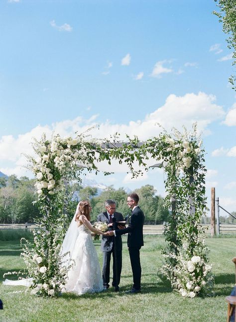 Read More: https://www.stylemepretty.com/vault/image/7039694 Draped Arbor Wedding, Chuppah Florals, Square Arch Wedding, Birch Chuppah, Arbor Flowers, Wedding Pergola, Wedding Chuppah, 20 Wedding Anniversary, Nye Wedding