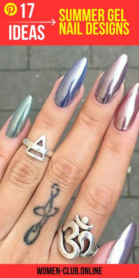 Nails And Rings, Metallic Nails Design, Metallic Nail Art, Pink Chrome Nails, Chrome Nails Designs, Mirror Nails, Metallic Nails, Rainbow Nails, Holographic Nails