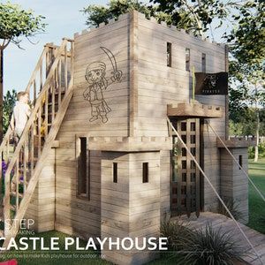 Castle Playhouse Plans, Wooden Outdoor Playhouse, Kids Playhouse Plans, Playhouse For Kids, Castle Playhouse, Modern Playhouse, Kids Playhouse Outdoors, Castle Plans, Kids Castle