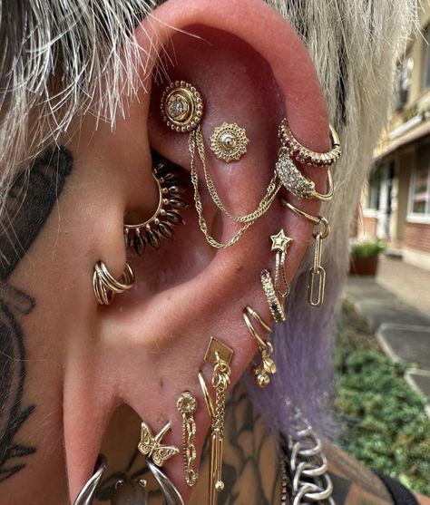 Gold Piercing Jewelry, Maximalist Ear Piercings, Gold Face Piercings, Gold Ear Curation, Ear Piercing Curation, Full Ear Piercings, Gold Piercings, Ear Stacking, Ashley Piercing