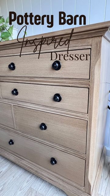 Maddison McCurdy | Furniture Refinishing & DIY on Instagram: "I got another Pottery Barn Duuuuupe for you! This dresser matches the other 2 pieces I have done in this look! So now the owner has a whole set! To get this look you’ll need: A large paint brush (like a deck staining brush) A smaller brush (1/2-1inch) A few artist brushes (for touch ups and little spaces) A brown glaze (I used rustoleum decorative glaze jn Java brown) A base color (any color works that’s lighter then the glaze, you can use white, beige, gray, mocha) I like to change up the grain pattern to mimic natural grain. But if you want to make it easier on yourself go for one grain pattern (I suggest horizontal). #potterybarn #potterybarndupe #potterybarninspired #fauxwoodfinish #fauxwood #paintedfurniture #furnitur Light Wood Dresser Makeover, Refinishing Dresser Ideas Paint, Beige Wood Furniture, Bedroom Dresser Colors, Makeover Dresser Ideas, Taupe Furniture Paint, Pottery Barn Sausalito Diy, Staining Dresser Diy, Staining Furniture Diy