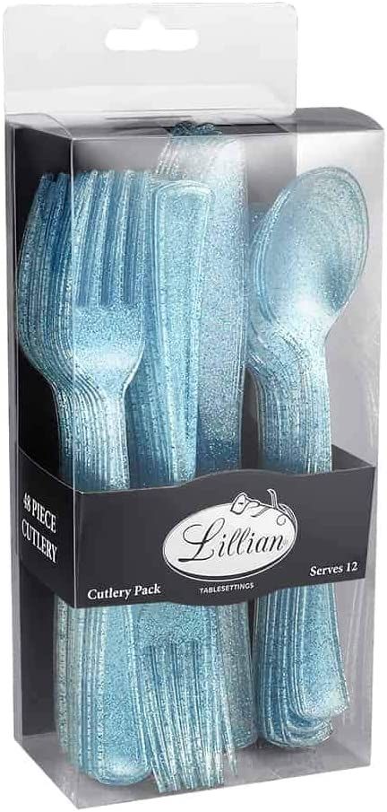 Amazon.com: Lillian Collection Plastic Cutlery Combo Box Blue Gold Glitter Pack of 48 : Health & Household Blue Christmas Party, Twisted Candles, Toddler Birthday Party, Plastic Forks, Plastic Cutlery, Glitter Party, Toddler Birthday, Blue Balloons, Pink Balloons