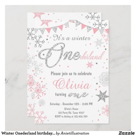 Winter Onederland birthday invitation Pink silver Winter Onederland Party Girl, Winter Onederland Birthday Invitations, First Birthday Pink, Winter Birthday Invitations, Winter Onederland Birthday Party, Winter Invitations, Birthday Invitation Pink, Winter Onederland Party, Onederland Birthday Party