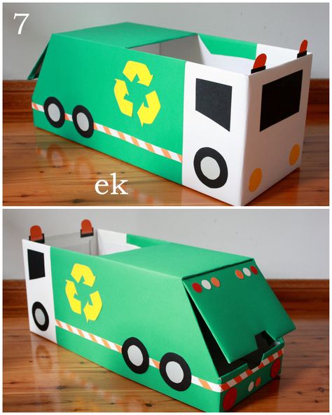 Thanks for your interest in our box vehicles and for your patience while waiting for this tutorial. These larger trucks each use 1.5 nappy/diaper boxes, for cars using only one box see Part 1 - sim... Garbage Truck Party, Kids Valentine Boxes, Truck Crafts, Cardboard Car, Cardboard Box Crafts, Valentine Day Boxes, Trucks Birthday Party, Truck Party, Garbage Truck