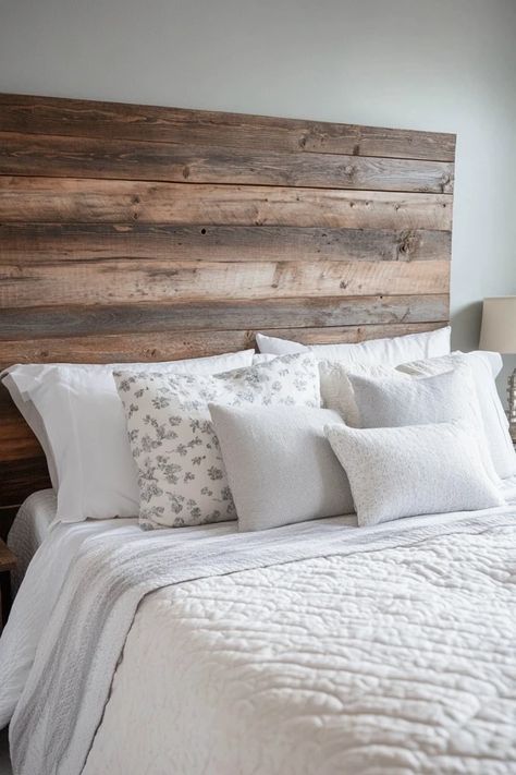 "Bring rustic elegance to your bedroom with a DIY Reclaimed Wood Headboard! 🛏️🛠️ The perfect weekend project for a charming upgrade. 🌿✨ #RusticDecor #DIYInspiration #ReclaimedWood" Diy Wood Headboard Ideas Rustic, Headboard Ideas Pallet, Head Board Ideas, Diy Wood Headboard Ideas, Wood Headboard Ideas, Western Headboard, Wood Wall Headboard, Wooden Headboards, Wall Headboard