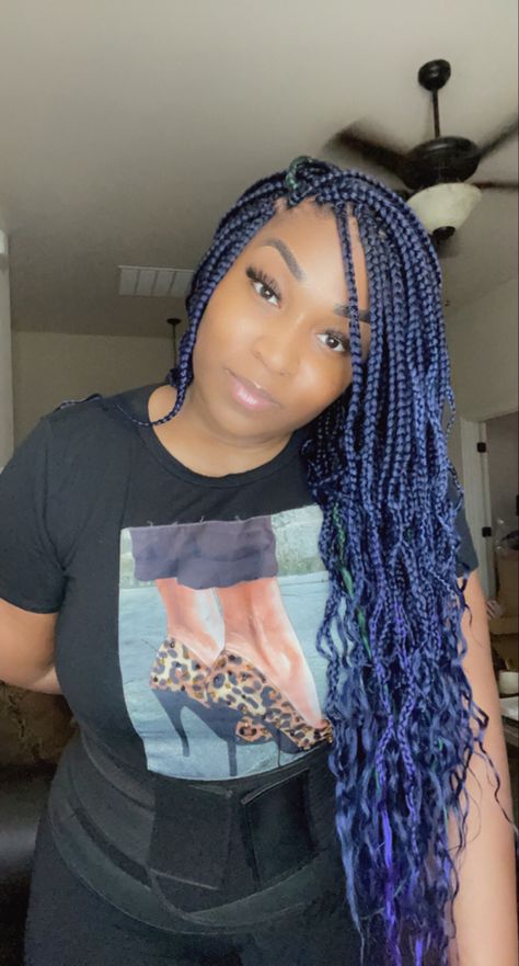 Navy blue braids Goddess Braids Blue, Navy Blue Braids For Black Women, Navy Blue Box Braids, Dark Blue Braids For Black Women, Deep Blue Braids, Midnight Blue Box Braids, Dark Blue Box Braids, Blue Goddess Braids, Midnight Blue Braids