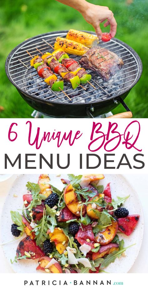 The grill isn’t just made for burgers and dogs. These 6 fun and creative BBQ menu ideas will give you more reasons to fire up the grill this summer. #bbqmenu #bbqmenuideas #bbqmenuideassidedishes #bbqmenuideasforacrowd #bbqideas #bbqideasgrill #bbqideasfood #bbqideaspartyfood #easybbqdinnerideas #easybbqsidedishes Grilled Menu Ideas, Grill Menu Ideas, Bbq Menu Ideas Parties, Barbque Ideas, Bbq Menu Ideas, Bbq Party Menu, Summer Bbq Menu, Bbq Dinner Party, Best Grill Recipes