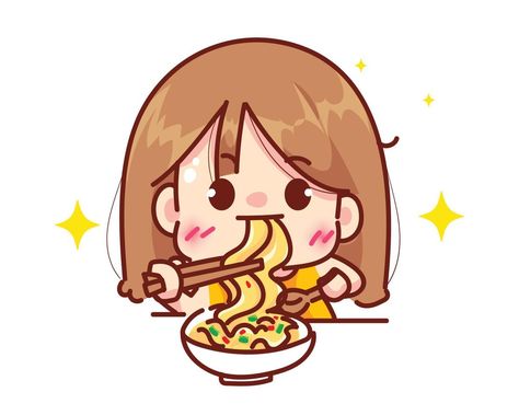 Cute girl eating noodles or ramen restaurant logo concept cartoon character hand draw art illustration Eating Character, Ramen Logo, Eat Logo, Eating Noodles, Banana Roll, Business Card Design Black, Girl Eating, Eating Ramen, Ramen Restaurant