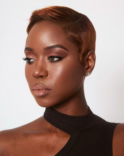 Pixie Colour Ideas, Honey Brown Pixie Haircut Black Women, Chocolate Brown Pixie Cut Black Women, Copper Pixie Cut Black Women, Brown Pixie Haircut Black Women, Auburn Pixie Haircut Black Women, Dyed Pixie Cut Black Women, Brown Pixie Cut Black Women, Eva Marcille Short Hair