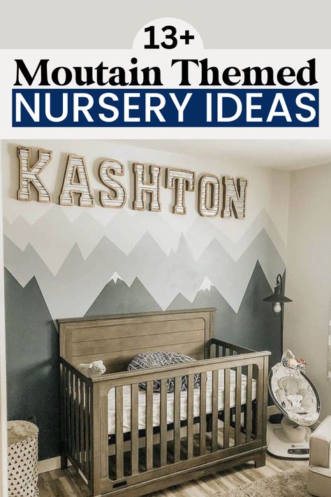 mountain nursery theme Boho Mountain Nursery, Girl Mountain Nursery, Nursery Mural Ideas, Mountain Baby Shower Theme, Mountain Themed Nursery, Mountain Nursery Theme, Camping Nursery Theme, Outdoorsy Nursery, Nursery Room Colors