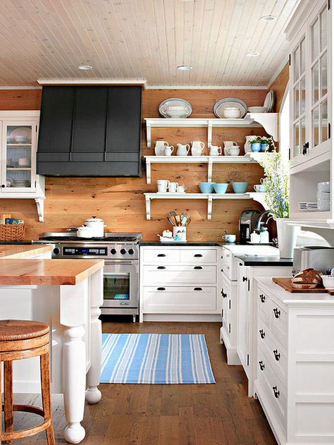 When choosing materials for your cottage kitchen, create a storyboard of your materials to see how they will look together before buying. Dapur Rustic, Cottage Kitchen Design, Wood Wall Design, Wood Backsplash, Kabinet Dapur, Herringbone Backsplash, Plank Walls, Cottage Style Decor, Cabin Kitchens