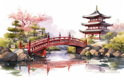 Temple architecture building outdoors. AI generated Image by rawpixel. | free image by rawpixel.com / chong Chinese Building Art, Japanese Bridge Drawing, Korean Temple Drawing, Chinese Temple Drawing, Japanese Building Drawing, Chinese Temple Art, Chinese Architecture Drawing, Building Illustration Architecture, Japanese Temple Drawing