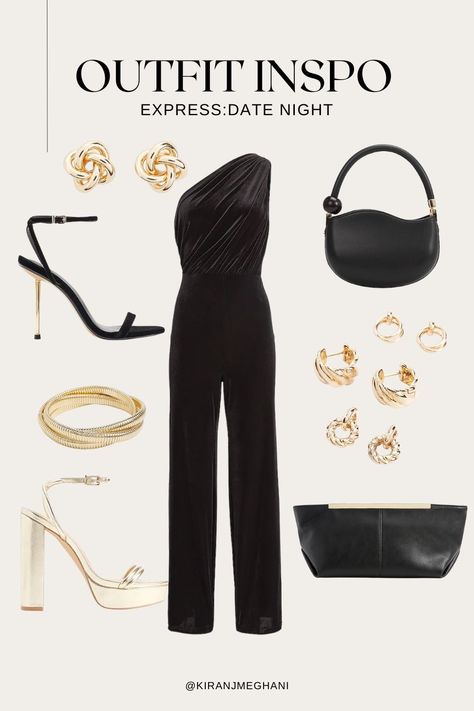 Date night outfit inspo with @express 

black jumpsuit gold heels jumpsuit express clothing gold earrings black heels strappy heels platform heels pants black purse clutch should bag shoe crush hoops studs bracelets date night ideas date night outfit inspiration girls night out outfit ideas celebrity style stlye guide style tips blogger vlogger Winter Jumpsuit Outfit Classy, Black Platform Heels Outfit, Black Jumpsuit Outfit Night, Party Outfit Night Classy, Winter Jumpsuit Outfit, Black Heels Strappy, Fancy Date Night Outfit, Platform Heels Outfit, Holiday Party Outfit Work