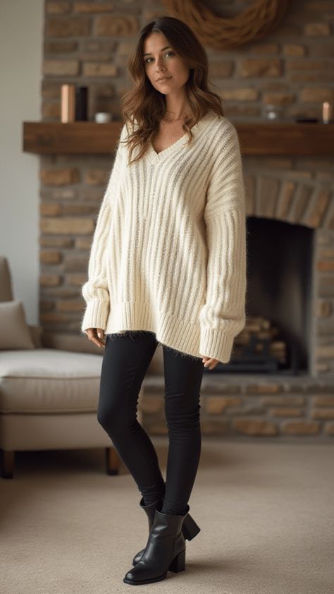 15 Effortlessly Casual Winter Outfit Ideas Thick Sweater Outfit, Comfy Christmas Outfits Leggings, Sweater And Leggings Outfit Winter, Long Sweaters And Leggings, Sweater Leggings And Boots, Long Sweater Outfits Leggings, Leggings With Sweater Outfit, How To Wear Oversized Sweaters, White Cable Knit Sweater Outfit