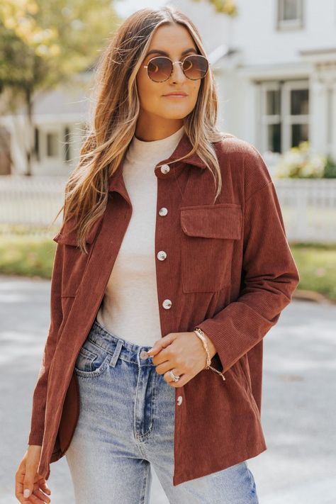 The perfect fall shacket brown corduroy shacket Sweater Leather Skirt, Shacket Outfit Women, Pink Button Up Shirt, Jean Jumpsuit, Shacket Outfit, Fall Workwear, Fall Floral Dress, Jacket Outfit Women, Fall Blouse