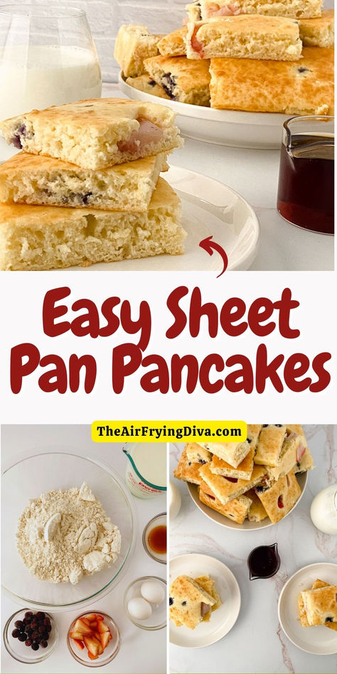 Easy Sheet Pan Pancakes Recipe Sheet Pan Pancakes With Pancake Mix Easy, Sheet Pan Pancakes Easy, Pancake Sheet Pan, Make Ahead Pancakes, Sheet Pancake Recipe, Sausage Pancakes, Sheet Pancakes, Sheet Pan Breakfast, Easy Pancake Recipe