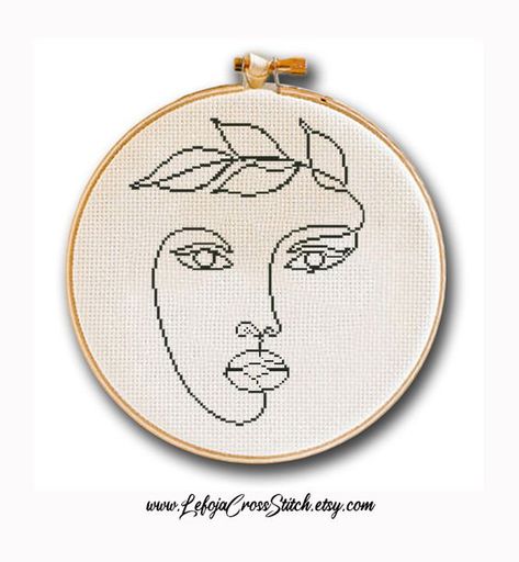 Woman Head with a Laurel Wreath Abstract Minimal Cross Stitch Pattern #BeadingPatterns #SeedBeadPattern #SeedBeadPatternsFree #SeedBeadPatternsTutorials Minimalist Cross Stitch Pattern, Embroidered People, Easy Cross Stitch, Easy Cross Stitch Patterns, Easy Cross, One Line Drawing, Minimal Wall, Monstera Leaves, Simple Cross Stitch