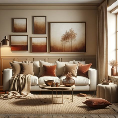 rust brown and beige living room Cognac And Cream Living Room, Rust And Beige Living Room, Beige And Rust Living Room, Purple Accent Chair, Beige Living Room, Beige Room, Cream Living Rooms, Trending Colors, Beige Living Rooms