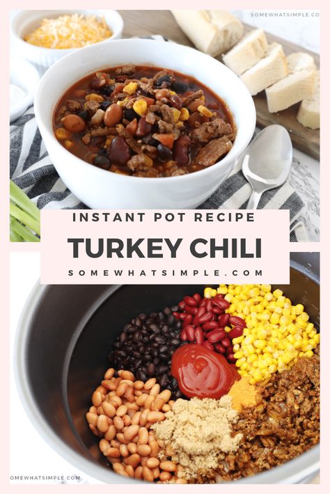 This Instant Pot turkey chili is the best homemade chili you'll ever eat. The recipe uses only a few basic ingredients and is ready in about 30 minutes. Just brown the meat and then throw all of the ingredients into the pressure cook and let it works it's magic. Plus, you can easily substitute the turkey for beef if you prefer! It's the perfect meal for a cold fall evening. Instant Pot Turkey Chili, Turkey Chilli, Ground Turkey Chili, Instant Pot Turkey, Chili Recipe Turkey, Turkey Chili, Leftover Turkey, Ground Turkey Recipes, Instapot Recipes