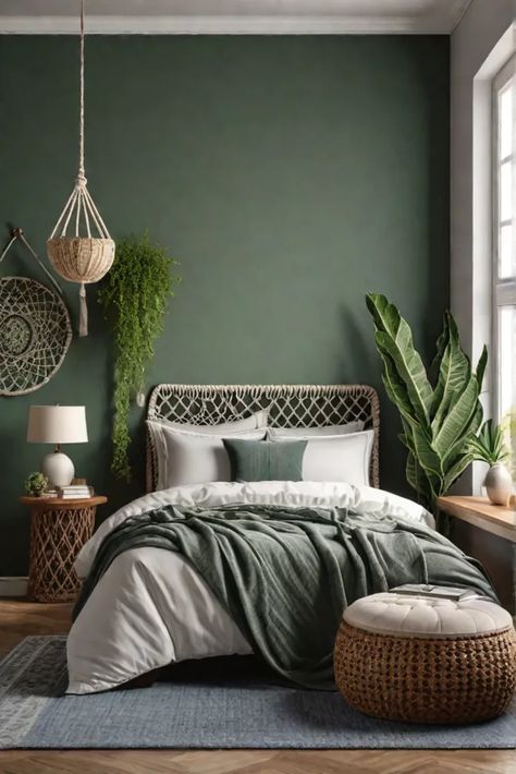 Relaxing bedroom with green walls and natural textures Green Bedroom Accent Wall Ideas, Bedrooms Painted Green, Sherwin Williams Green Accent Wall, Green Color For Bedroom, Simple Green Bedroom, Best Green Paint For Bedroom, Green Primary Bedroom Ideas, Green Paint For Bedroom, Dark Green Bedroom Color Scheme