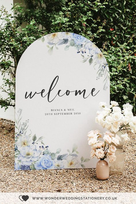 Dusty Blue Arch Shape Wedding Welcome Sign Wedding Welcome Sign Blue, Cornflower Blue Wedding, Country Invitations, Blue Hydrangea Flowers, Blue Watercolor Floral, Floral Signs, Dusty Blue Weddings, Welcome To Our Wedding, Beautiful Invitations