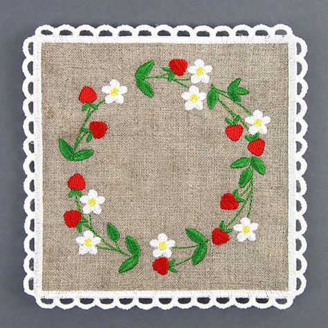 Order #17720855 Strawberry Coaster, Sister Embroidery, Embroidery Library Design, Strawberries And Flowers, Strawberry Wreath, Strawberry Embroidery, Rope Bowls, Freestanding Lace Embroidery, Holiday Flower