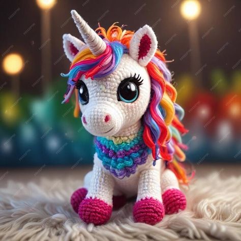 Premium Photo | Crocheted Rainbow Unicorn A Magical Cuddly Friend Crocheted Rainbow, Rainbow Unicorn, Premium Photo, Graphic Resources, Amigurumi, Rainbow, Crochet