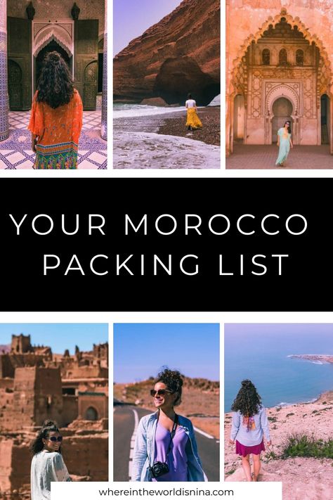 6 grid photos of morocco scenes What To Pack For Morocco, Minimal Packing List, Morocco Packing List, Morocco Packing, Essential Packing List, Africa Itinerary, Morocco Itinerary, Minimal Packing, Travel Morocco