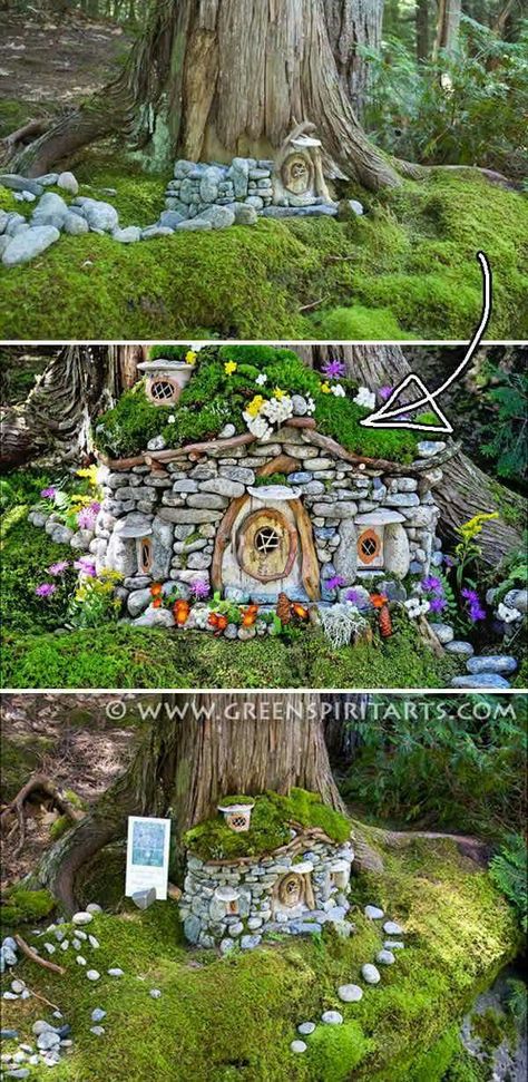 Miniature Stone Houses Fairy Tree Houses, Fairy House Diy, Fairy Garden Crafts, Fairy Garden Designs, Faeries Gardens, Fairy Tree, Fairy Garden Houses, Garden Fairy, Diy Fairy