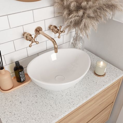 Bathroom Sink Base Ideas, Sink With Bowl On Top, Bathroom Sink Renovation, Ceramic Vessel Sink, Over The Counter Sink Bathroom, Cool Sinks Bathroom, Vanity With Bowl Sink, White Sink Bathroom, Bathroom Sink Ideas