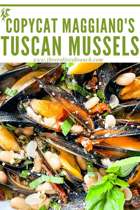 Copycat Maggiano's Tuscan Mussels are a fast and easy seafood recipe. Bring this Italian shellfish home with sun-dried tomatoes, beans, and basil in a white wine sauce. Gluten free and keto low carb. White Wine Sauce Recipes, Deep Dish Pizza Recipe, Italian Seafood Recipes, Marinara Recipe, Clam Sauce, Mussels Recipe, Popular Appetizers, Seafood Recipe, Tomato Broth