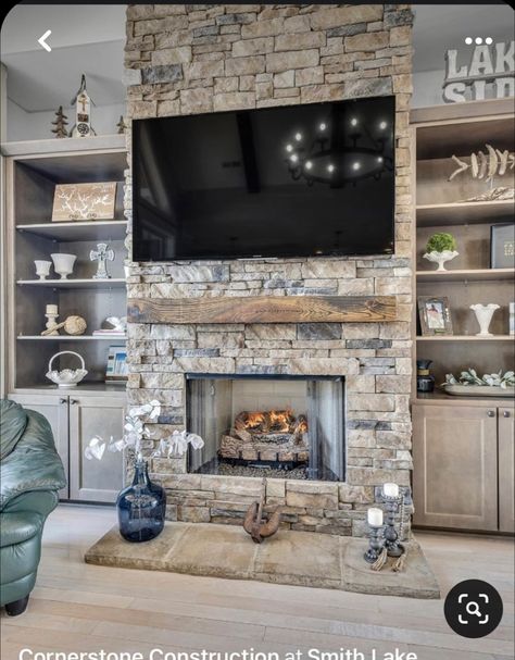 Stone Fireplace And Tv Wall Ideas, Stone Fireplace To Ceiling With Tv, Rock Wall With Tv And Fireplace, Stack Stone Fireplace With Built Ins, Stacked Stone Fireplace With Built Ins On Both Sides, Hidden Room Behind Fireplace, Grey Stone Fireplace With Built Ins, Brown Couch With Rug Ideas, Rock Fireplace With Tv