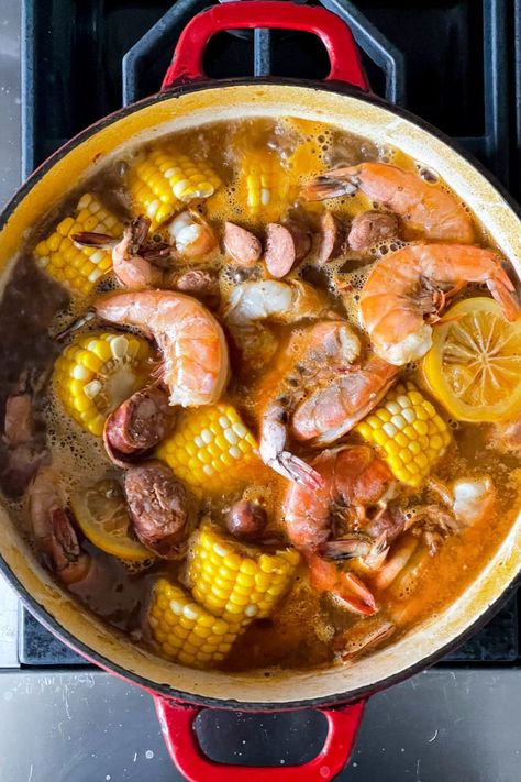 How to Make THE BEST Shrimp Boil | foodiecrush.com At Home Shrimp Boil, Shrimp Boil On Stove Top, Shrimp Boil With Beer, Old Bay Boil, Low Carb Shrimp Boil, Seafood Boil Old Bay Seasoning, Boiled Shrimp On The Stove, Stovetop Shrimp Boil, Stove Top Low Country Boil