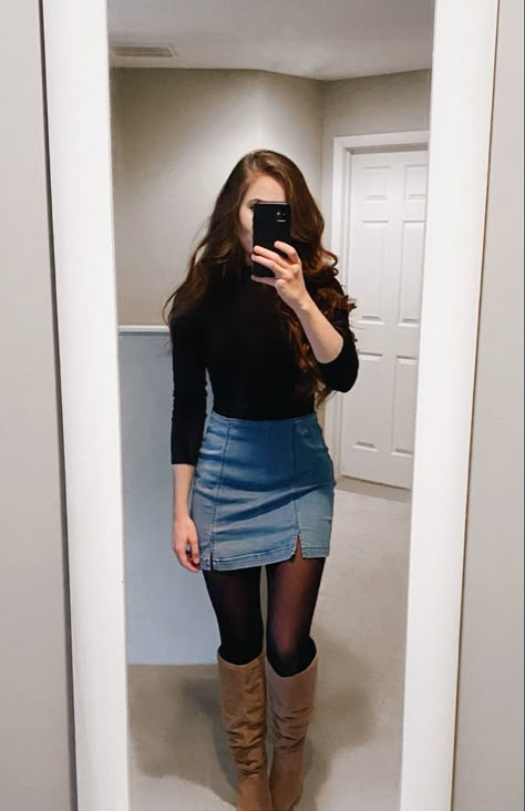 Black Boots With Skirt Outfit, Blue Jean Skirt Fall Outfit, Fall Night Out Outfit Bar Cold Weather, Petite Thick Fashion, Denim Skirt Fall Outfits Short, Fall Outfits Skirts Boots, Work Lunch Outfit Winter, Fall Outfits With Jean Skirts, Skirt Boots Outfit Fall