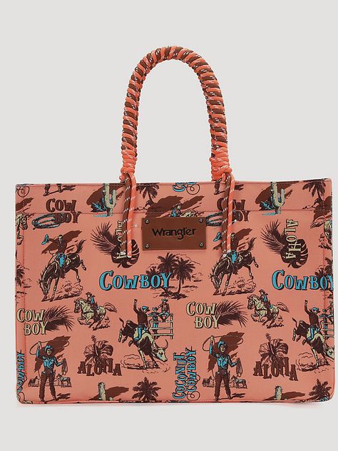 Cowboy Print, Wrangler Accessories, Round Handle, Orange Bag, Print Tote, Printed Tote Bags, Zip Top, Patch Logo, Bags Women