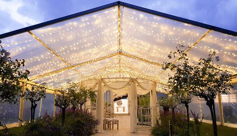 A beautiful 10m x 15m CLEAR marquee with lots and lots of fairy lights, set in a stunning private location Marquee Flooring, Beer Table, Marquee Hire, Marquee Wedding, Wedding Styling, Festoon Lighting, Canopy Lights, Pool Cover, Wine Barrel