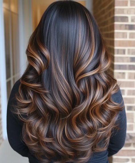 51 Stunning Dark Brown Balayage Hair Color Ideas For Autumn - Hair Trend Guide Dark Brunette Honey Balayage, Reverse Balayage Dark Hair, Brown And Carmel Hair Ideas, Long Dark Brown Hair Balayage, Black And Brown Ombre Hair, Long Brown Hair With Blonde Highlights, Caramel Highlights In Brown Hair, Dark Brown Hair With Ginger Highlights, Dark Hair With Highlights Caramel