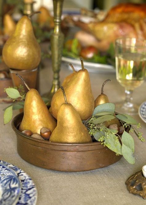 gold pear and acorns centerpiece in a bowl Copper Cake, Goddess Party, Edible Gold, Fall Tablescapes, Autumn Decorating, Pear Tree, Fall Decoration, Thanksgiving Centerpieces, Centerpiece Ideas