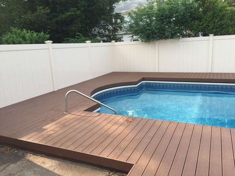 Installed Trex saddle around in ground pool Trex Deck Around Inground Pool, Trex Saddle, Freestanding Deck, Trex Decking, Tub Deck, In Ground Pool, Outdoor Living Deck, Deck Remodel, Best Above Ground Pool