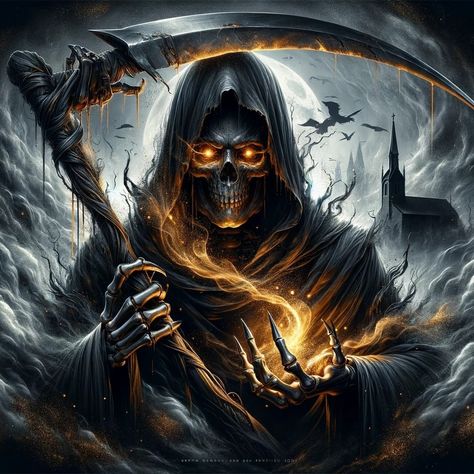 Grim Reaper_2 #GrimReaper #DarkFantasy #apocalypticvision #harbingerofdoom #deathpersonified #mysticalart #gothicimagery #scythebearer #endtimes #ai #aiart #aiartwork Grim Dark Fantasy Art, Grim Reaper Pfp, Gream Reaper, Grim Reaper Images, Halloween Reaper, Skulls Art, Skull Reference, Reaper Tattoo, Grim Reaper Art