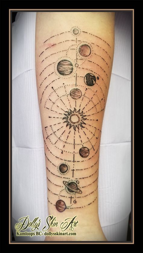 Planets Tattoo Solar System, Tattoos On Black Skin, Solar System Tattoos, Braille Tattoo, Astronomy Tattoo, Science Tattoo, Science Tattoos, Solar System Tattoo, Tattoo Minimal