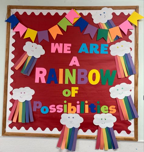 Tie Dye Bulletin Board Ideas, Welcome Board Preschool, Rainbow Display Classroom, Rainbow Bulletin Board Ideas Preschool, Pride Bulletin Board Ideas, Preschool Welcome Board, Rainbow Bulletin Board Ideas, Preschool Display Boards, Daycare Room Design