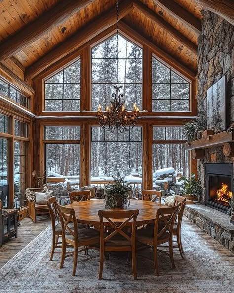 Open Concept Cabin, Mountain Lodge Home, Log Cabin Mansions, Cabin Dining Room, Modern Log Home, Rustic Mountain Homes, Lodge Homes, Sunroom Designs, Barn Style House Plans